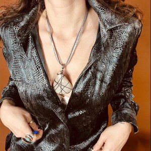 Boutique Boho Glam Wire Wrapped Oversized Pendant Necklace With Ribbon Cording